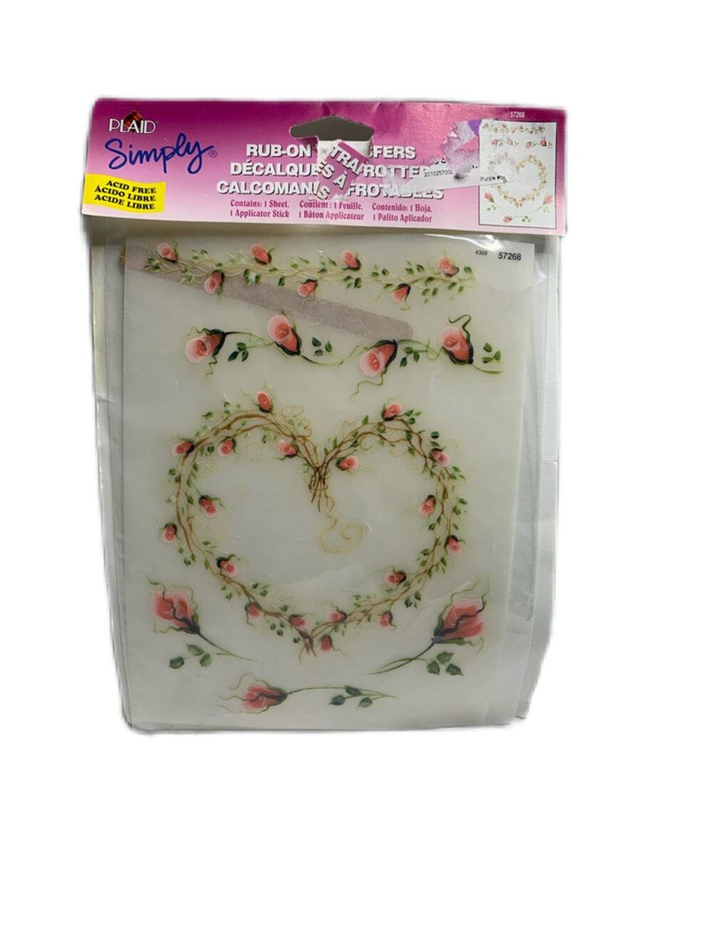 90s  Rub On Cottage Core Valentine Pink flower heart decal 1 sheet